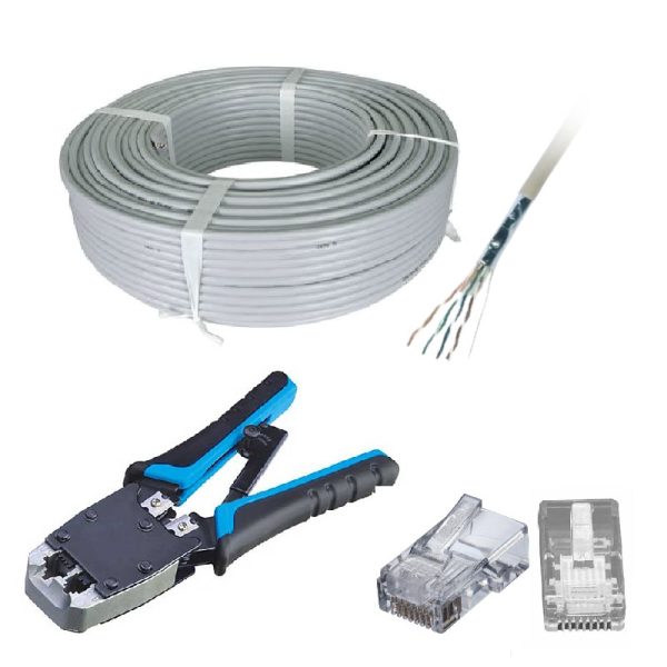 סט להתקנת רשת כבל Cat5e + תקע RJ45 יחידות + כלי לוחץ RJ45