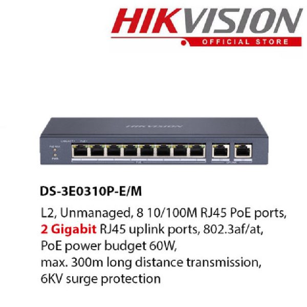 מתג למצלמות מעגל סגור POE 8-ports 60W DS-3E0310P-E/M