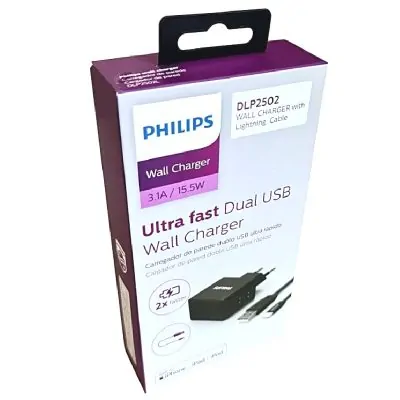 מטען קיר אייפון Philips Dual USB-A 3.1A iPhone